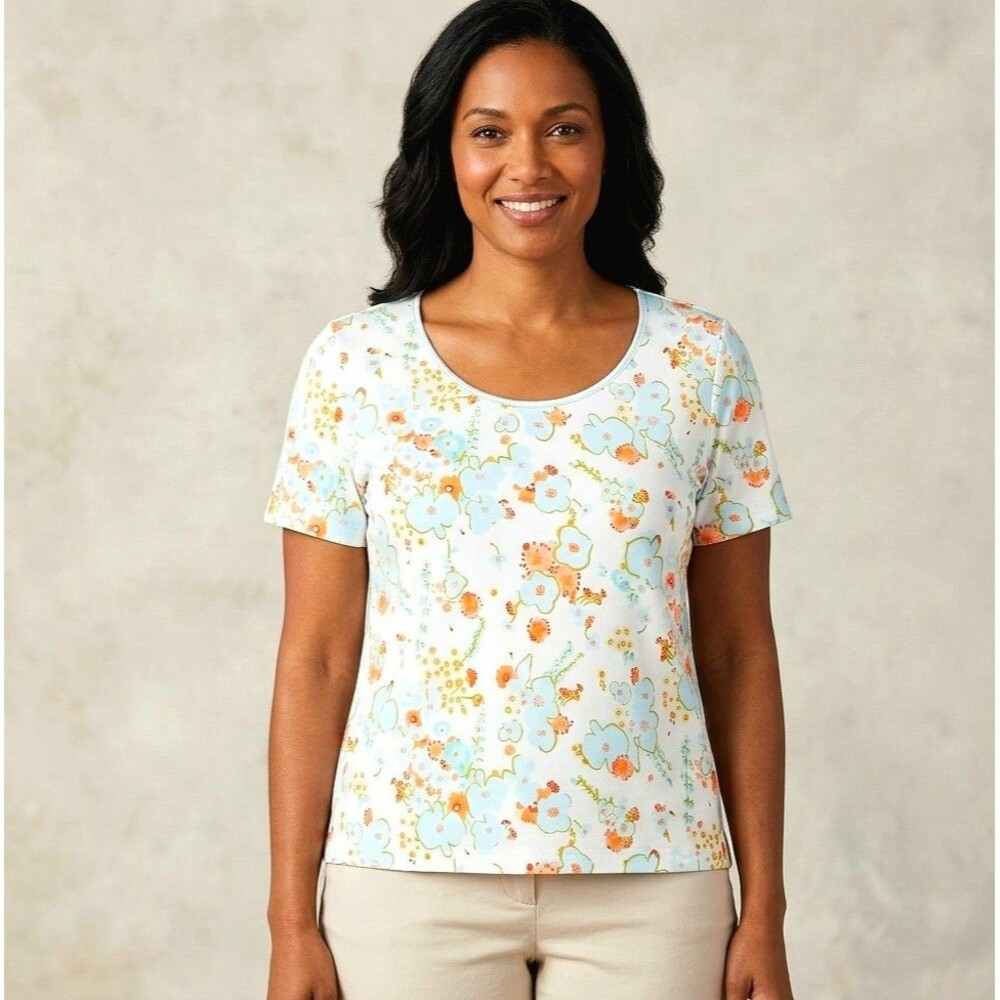 Jill Floral Tee L Blue Orange Flower Print Cotton Scoop Neck Cottagecore